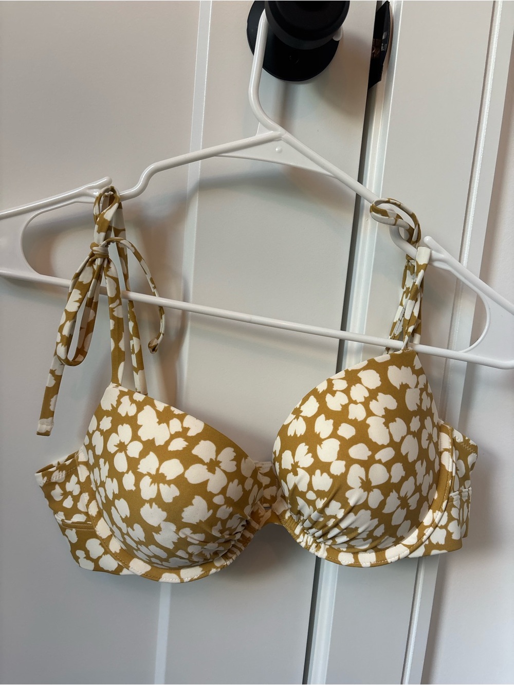 White Floral Print Bikini Top in Mustard
